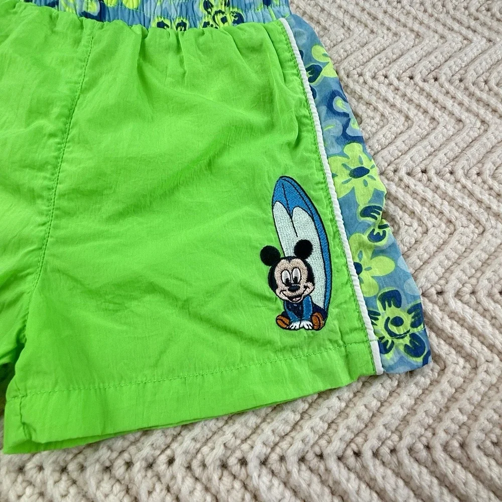Disney Mickey Mouse Swim Trunks Size 12 Month Neon Green Vintage 90s‎ Retro
